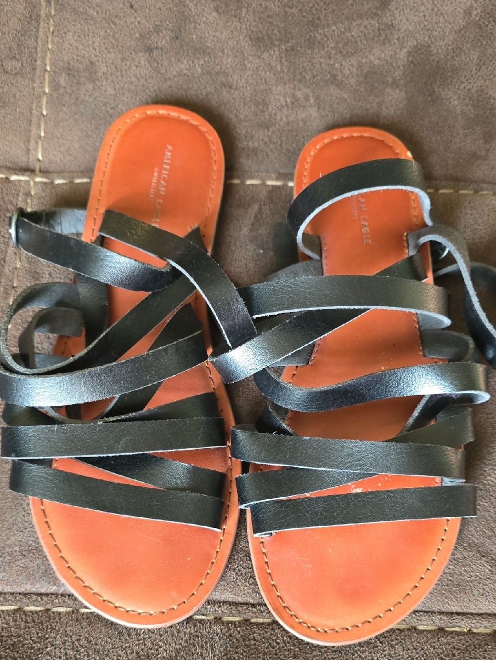 American Eagle Outfitters Black Strappy Leather Sandals with Tan Footbed